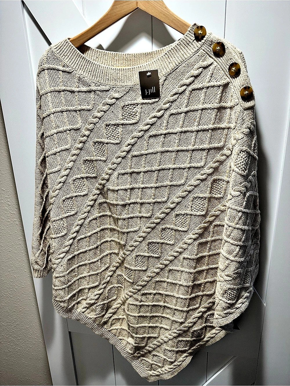 NWT J.Jill Cable Knit Button Shoulder Poncho in Beige XL+